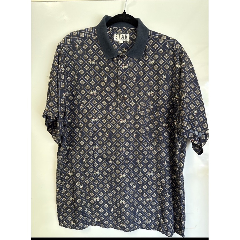 STAR 100% Washed  Silk Men's Polo Shirt Navy Gold White Geometric Pattern Size L